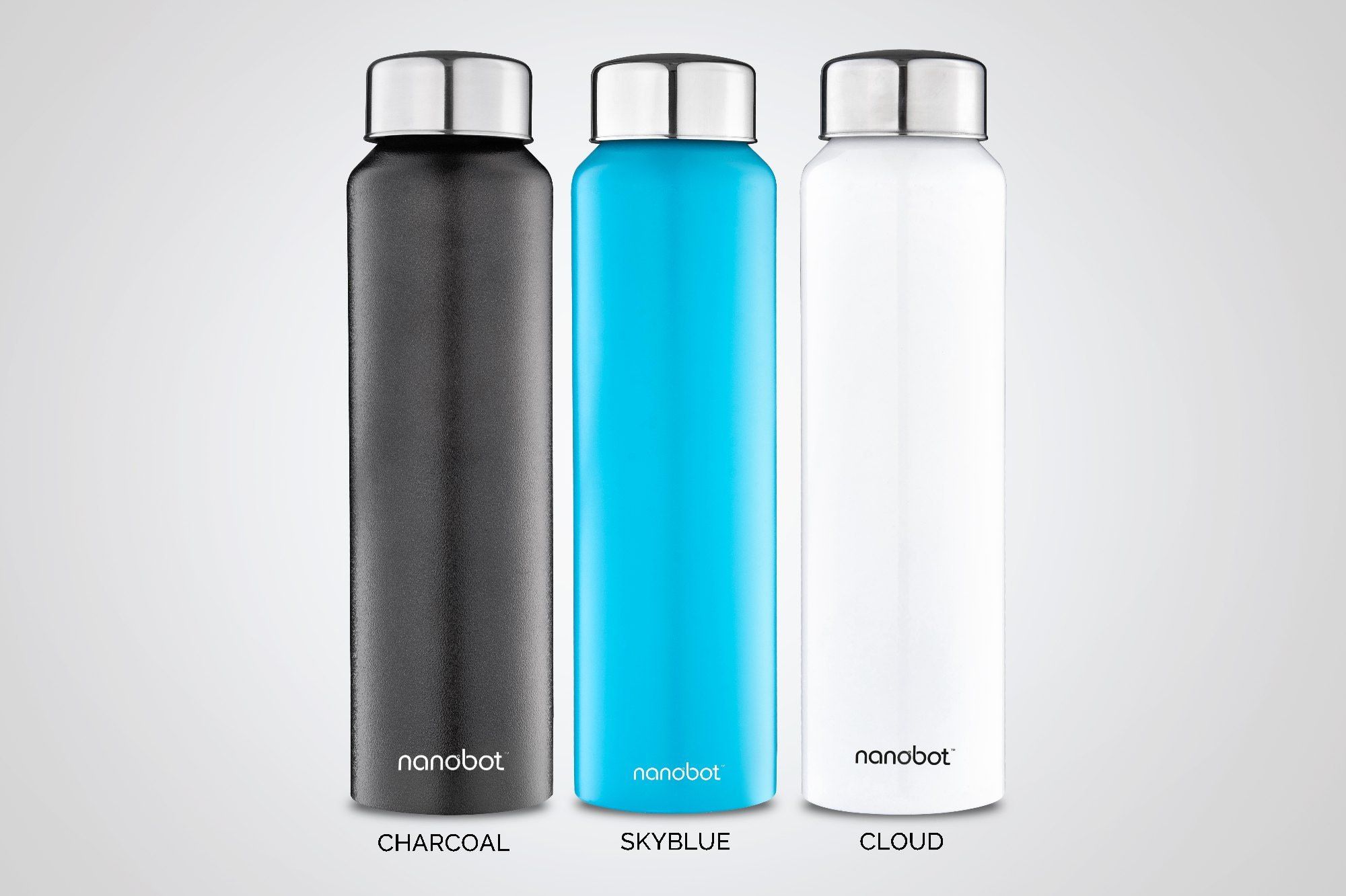 Nanobot vacuum bottles in charcoal, sky blue and cloud
