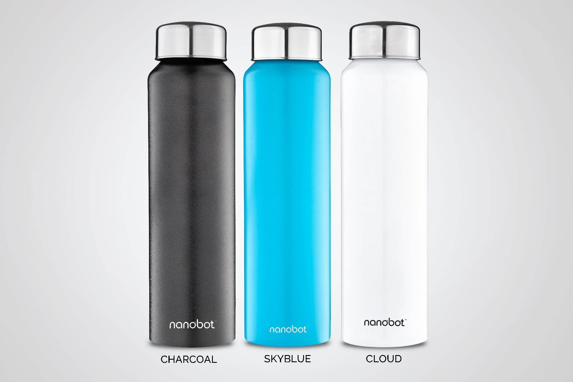 Nanobot vacuum bottles in charcoal, sky blue and cloud