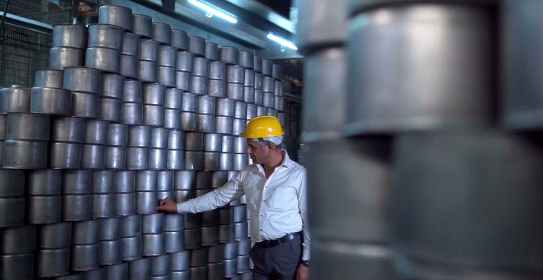 A wall of stacked steel vessels ready for packing